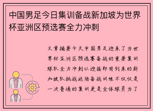 中国男足今日集训备战新加坡为世界杯亚洲区预选赛全力冲刺
