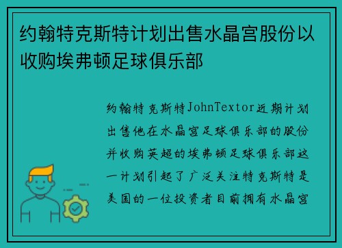 约翰特克斯特计划出售水晶宫股份以收购埃弗顿足球俱乐部 约翰特克斯特计划出售水晶宫股份以收购埃弗顿足球俱乐部